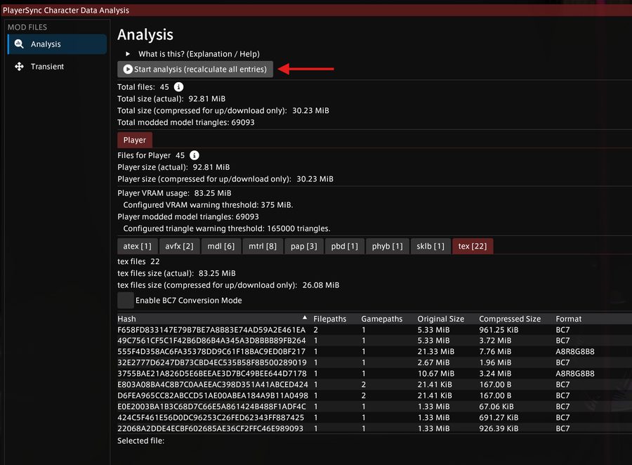 The Start analysis button in PlayerSync