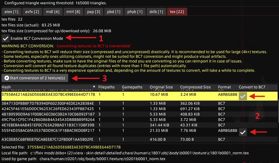 Enabling BC7 conversion mode and starting the conversion