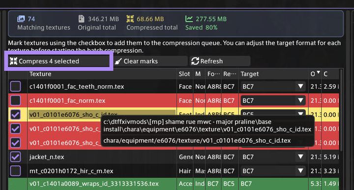 Selecting the textures to compress